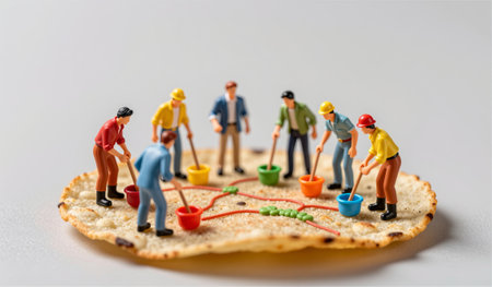 Small figures gather enthusiastically around, using vibrant paint in buckets to create a colorful artwork. The scene shows teamwork and creativity in action, set against a simple background.の写真素材