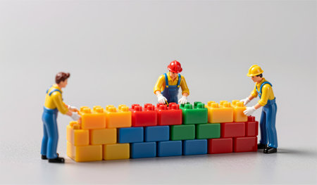 Three cheerful figures dressed in work attire collaborate to build a vibrant wall with colorful blocks. Their focus and teamwork highlight the joy of creative construction.の写真素材