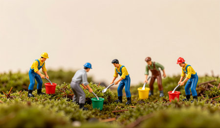 Six tiny figures dressed in bright clothing work together on a lush green landscape. They use colorful buckets and shovels, creating a lively scene that showcases teamwork in miniature gardening.の写真素材