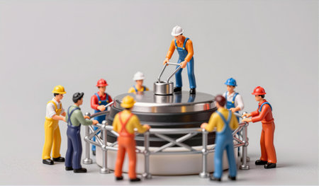 A group of toy construction figures work together around a large gray cylinder. They engage in...