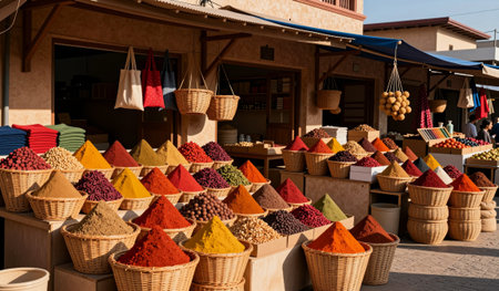 Colorful piles of spices fill woven baskets, creating a lively scene in an open-air market. Vendors...