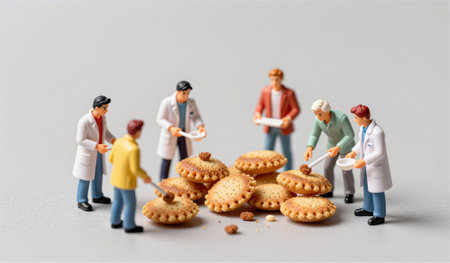 Tiny figures gather around a stack of cookies, joyfully sharing treats and savoring their sweet...