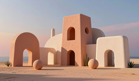 Brightly colored structures rise from the sandy beach, blending soft hues of peach and white.の写真素材