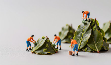 Small figures work meticulously on vibrant green leaves, tending to miniature landscapes with...