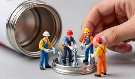 Small figurines in construction gear work together to fit metal screws into a round tray. Their...