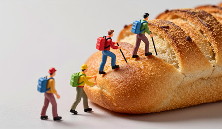 Tiny figures ascend the crusted surface of a loaf of bread, wearing colorful backpacks. The playful...