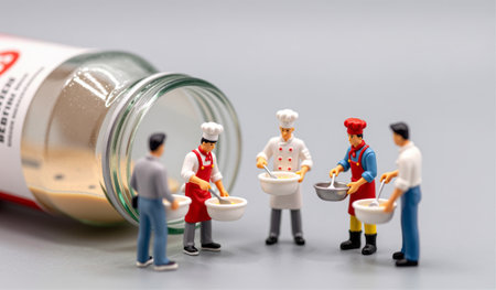 Five tiny chefs gather around mixing bowls as they create a delicious meal. Positioned next to a bottle of cooking oil, the scene captures the joy of culinary teamwork and creativity.の写真素材