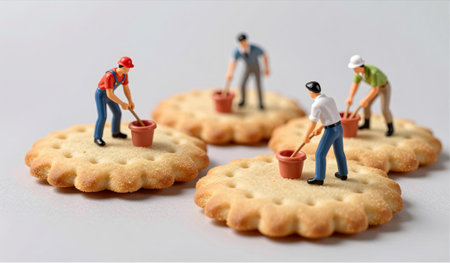 Miniature figures are busy planting small pots on large crackers, creating a playful and imaginative...
