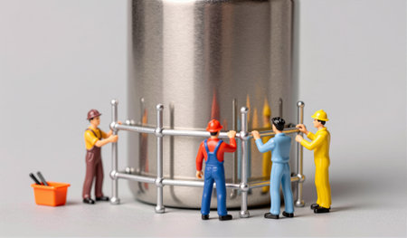 Miniature figures in vibrant outfits gather around a metallic can, focusing on constructing a...