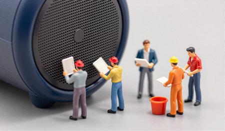 Miniature figures gather around a large speaker, reviewing plans and discussing details of their...