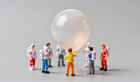 Brightly colored astronaut figures surround a shimmering bubble, creating a playful scene. This whimsical gathering sparks imagination, capturing a moment of wonder and creativity in a unique setting.の写真素材