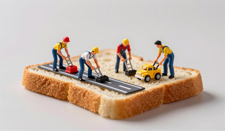 Four tiny construction workers in colorful outfits create a road using miniature tools on a slice of...