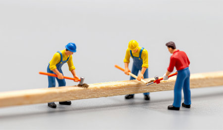 Three small figures dressed in work attire are busy shaping a wooden plank. They are using tools to build something intricate, showcasing teamwork and craftsmanship in a playful setting.の写真素材