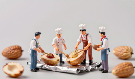 Four tiny chefs gather around a shiny surface, skillfully mixing ingredients and preparing treats. Delicious nuts are scattered around, adding charm to this whimsical cooking moment.の写真素材
