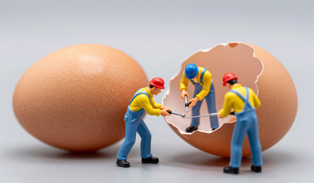 Three miniature construction workers are hard at work inside an egg shell, using tools to build and...