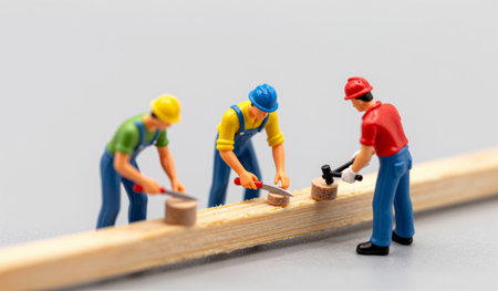 Three tiny figures are busy cutting and shaping logs on a wooden plank. Their vibrant outfits and focused expressions add charm to this playful workshop scene.の写真素材