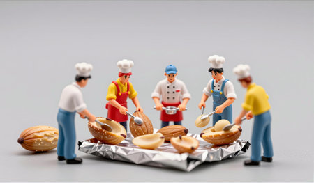 Five cheerful chefs gather around a shiny surface, skillfully preparing delicious desserts with various nuts. This lively scene highlights teamwork and creativity in the kitchen.の写真素材