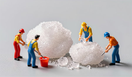 A vivid scene shows tiny figures dressed in colorful outfits actively shaping white sugar crystals....