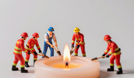 A group of six miniature firefighters surrounds a lit candle, using tools to put out the flame. This colorful scene showcases their teamwork and dedication in a playful setting.の写真素材
