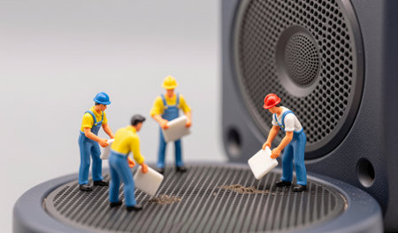 Four miniature construction workers in colorful outfits are busy at work atop a speaker, carrying...