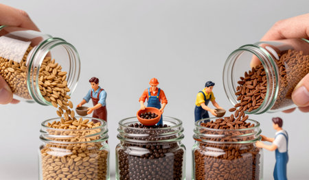Hands pour different seeds into clear jars while tiny figures work enthusiastically. This vibrant scene highlights an engaging activity filled with color and creativity.の写真素材
