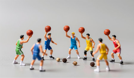 A group of miniature basketball players in vibrant uniforms practices dribbling and shooting on a sleek surface. They focus intently on mastering their skills in this lively scene.の写真素材