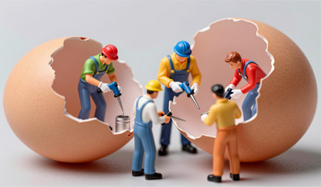 Tiny figurines dressed as construction workers enthusiastically fix a large egg shell. Each character engages with tools, showcasing teamwork and imaginative play in a vibrant, whimsical setting.の写真素材