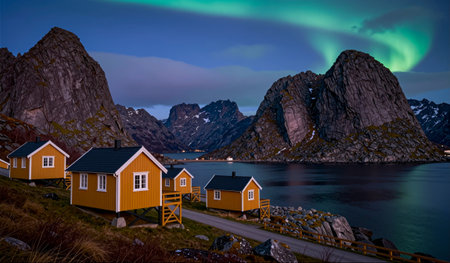 Under the enchanting glow of the northern lights, cozy yellow cabins sit along the calm waters of a...