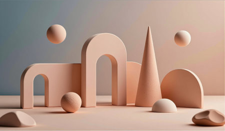 A collection of soft sculptural forms in warm peachy hues creates a peaceful scene. Various shapes,...