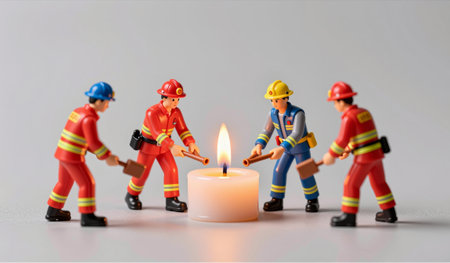 Five toy firefighters gather around a lit candle, demonstrating cooperation as they prepare to extinguish the small flame.の写真素材