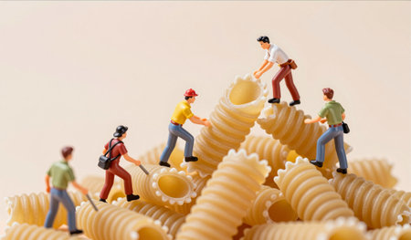 Small toy figures engage in building a towering structure made of pasta tubes, showcasing teamwork...