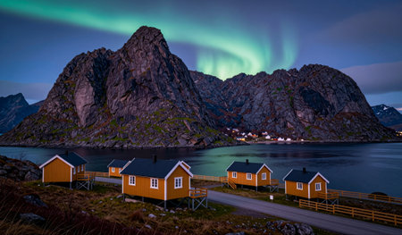 A breathtaking scene unfolds as vibrant northern lights illuminate the night sky above rustic yellow...