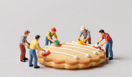 Five miniature figures collaborate to paint intricate designs on a large cookie. Bright colors and...