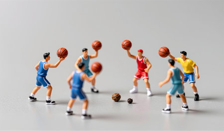 Six small basketball players stand in a circle, focused on a ball in the center. Their vibrant uniforms and dynamic poses suggest an exciting game unfolding in this playful scene.の写真素材