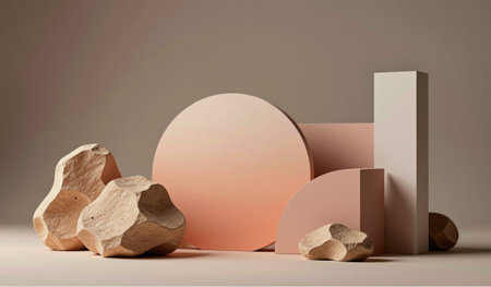 In a serene setting, geometric shapes blend seamlessly with natural stones, creating a stunning...