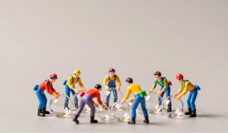 In a playful scene, tiny figurines in vibrant outfits gather around sparkling rings. They collaborate with focus, showcasing teamwork in a creative display on a neutral background.の写真素材