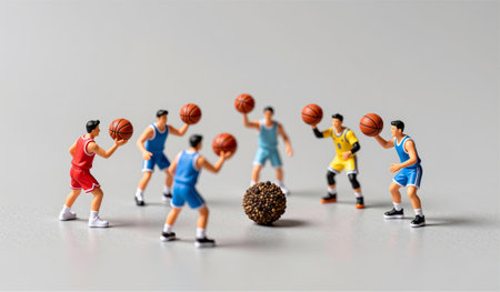 Six miniature basketball players, dressed in colorful uniforms, gather in a circle for a fun game....