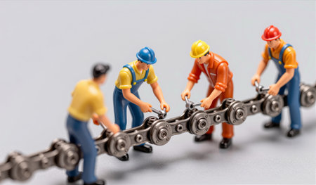 Small figurines in blue, yellow, and orange outfits work together to assemble a chain mechanism....