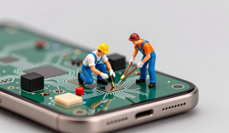 Two miniature figures, a worker in a hard hat and another in blue overalls, repair a smartphone's circuit board. They focus intently on their task in a sleek, well-lit environment.の写真素材