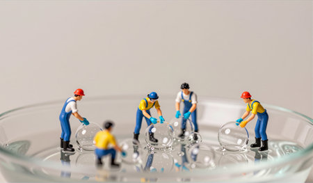 Five tiny figures in colorful outfits gather around bubbles floating in a clear glass bowl. The...