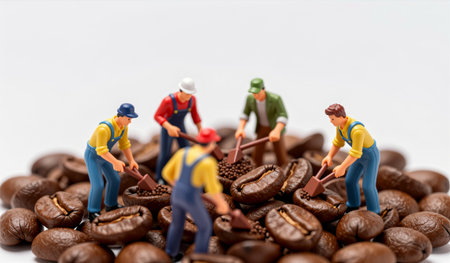 Miniature figures gather around piles of coffee beans, digging and tending to them with small tools,...