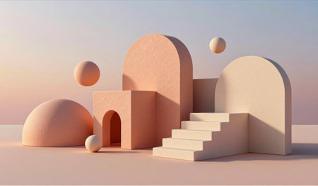 Soft pastel shapes create an artistic scene as the sun sets. Smooth arches, steps, and floating...