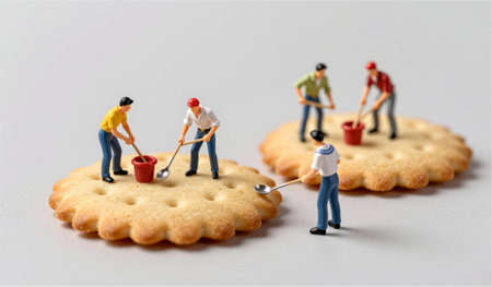 Small figures eagerly work on a giant cookie, using red buckets and spoons to create an unexpected construction site. The playful scene sparks creativity and joy.の写真素材