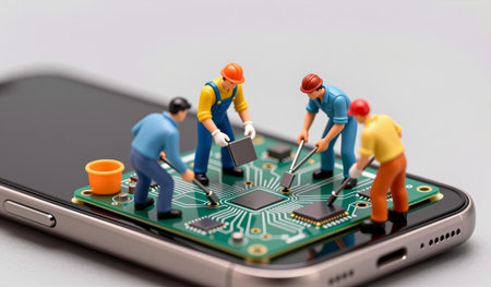 Miniature figures are engaged in fixing a circuit board placed on a smartphone. They use tools to...