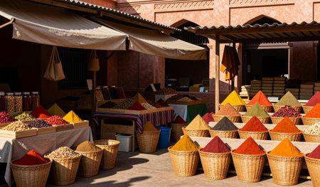 Brightly colored spices and nuts form vibrant pyramids in woven baskets at a bustling Moroccan...