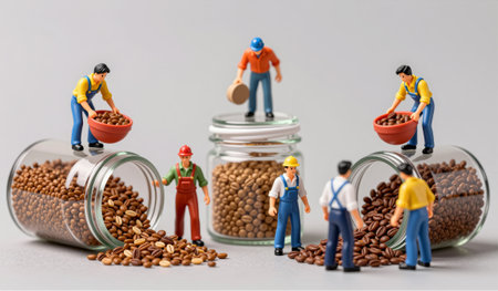 Small figurines engage in sorting tasks, moving coffee beans and seeds between jars in a playful and...