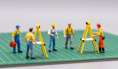 Small figurines of construction workers gather around surveying equipment, discussing plans. They...