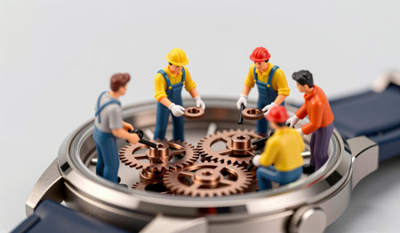 Tiny figures dressed as construction workers gather around the detailed gears of a watch, busy with...