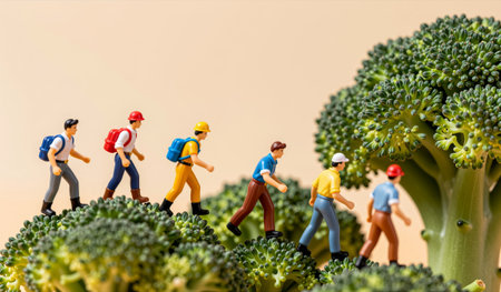 A group of tiny figures dressed for adventure makes their way through a vibrant broccoli forest. These playful explorers tread carefully as they navigate the green landscape, enjoying their journey.の写真素材