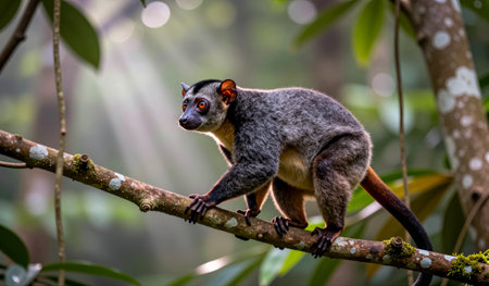 A small, furry creature explores a branch high in the jungle as soft sunlight breaks through the...